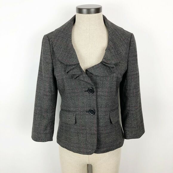 LOFT Jacket Womens Size 2 Ruffle Collar Grey 3/4 Sleeves 2 Button Lined Blazer - Picture 3 of 11